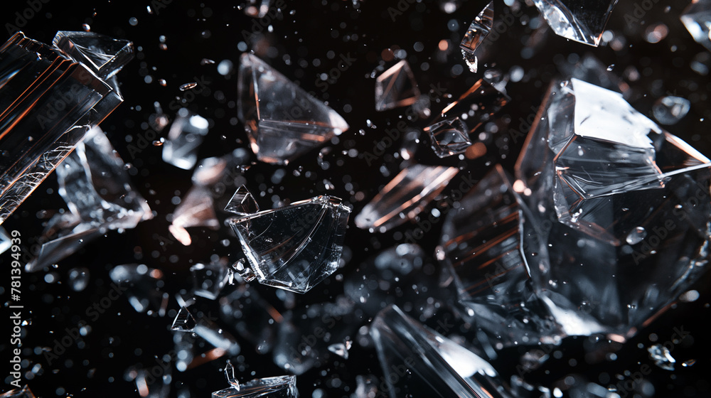 Shattered glass pieces separated in the air. Generative AI