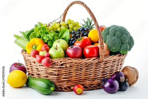 A basket filled with colorful fruits and vegetables . photo on white isolated background