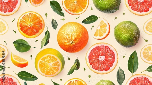Simple, ripe citrus fruits, a mix of whole and sliced, are put together in a seamless pattern over a dark orangy backdrop and space, Generative AI. photo