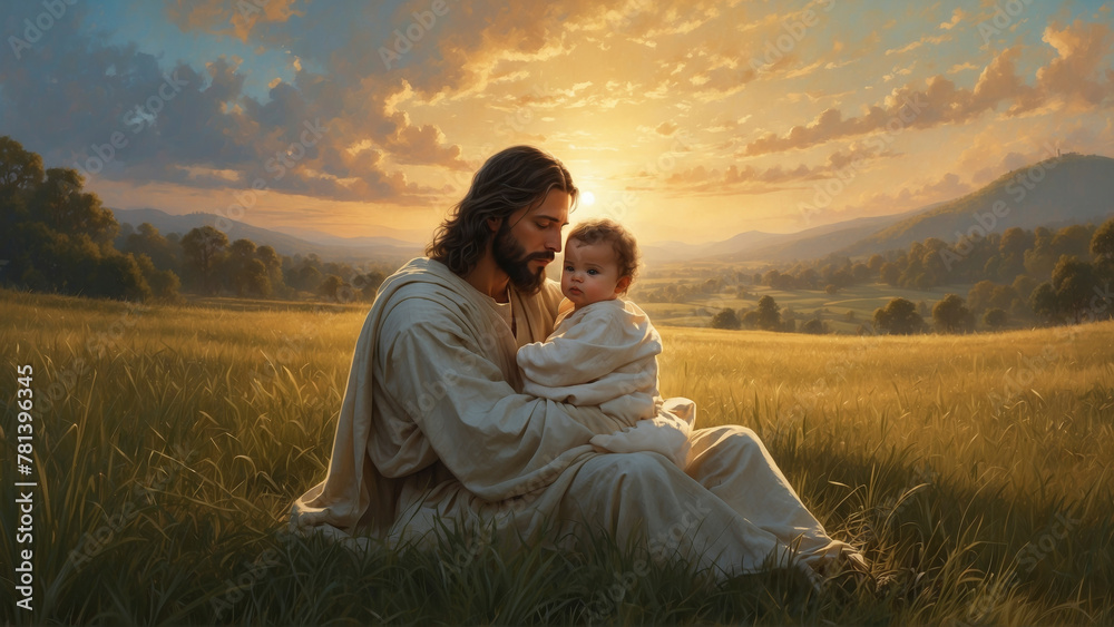 The Lamb of God: Jesus Christ Holding an Infant Baby in His Arms, in a Sunlit Field.