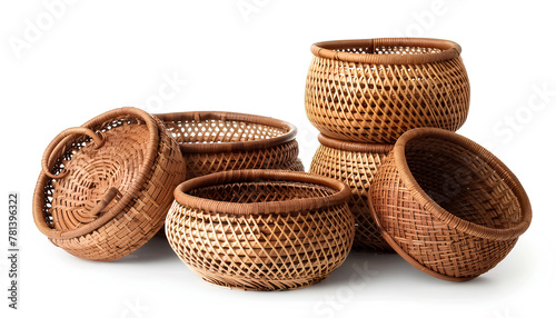 Set of stylish rattan baskets on white background