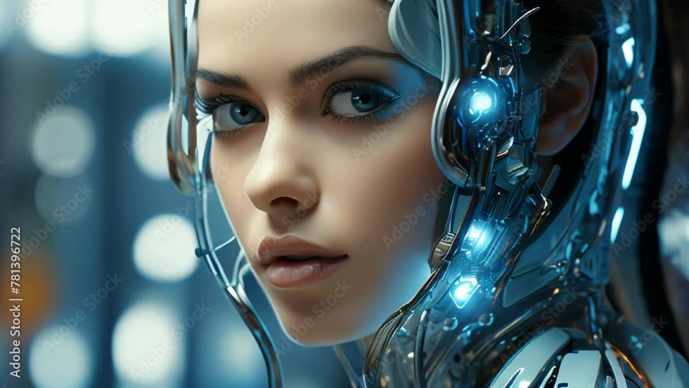 Connection of human woman and artificial intelligence robot. The concept of merging a person and a computer with neural networks in the future Connection of human woman and artificial intelligence robot. The concept of merging a person and a computer with neural networks in the future