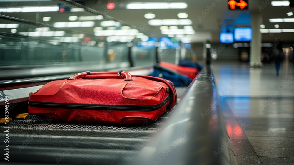 A red suitcase is on a conveyor belt at an airport