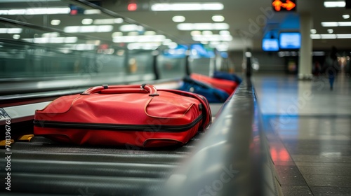 A red suitcase is on a conveyor belt at an airport