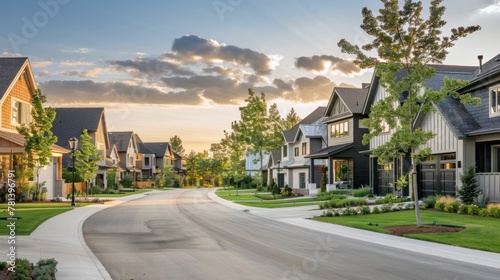 A quiet residential street with houses on both sides