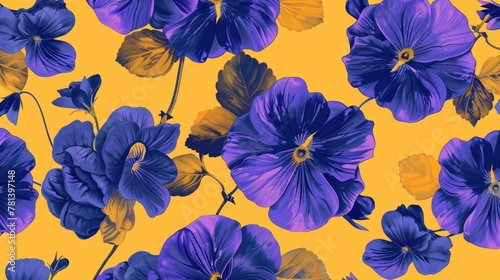 Wallpaper Mural Elegant floral pattern with violet flowers against a sunny yellow background Torontodigital.ca