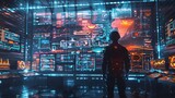 Generate a visual narrative of a futuristic cyber frontier