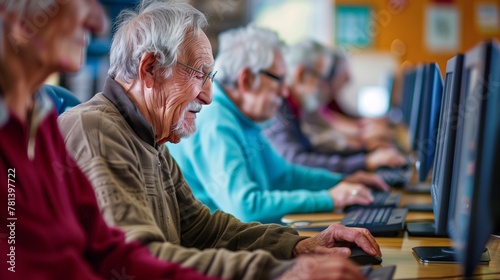 A group of senior citizens is gathered in a bright community center, engaging in a computer literacy class to enhance their digital skills, embodying the spirit of lifelong learning. photo