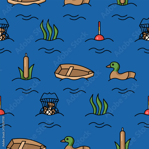 Fishing on the lake with ducks. Items for fishing boat, fish tank floats on blue water seamless pattern.