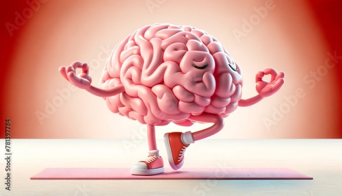 3D illustration of a smiling brain character performing yoga on a mat, concept for mental health care