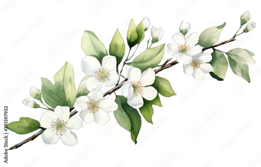 Detailed Magnolia Branch Illustration with White Blossoms on Transparent Background, Ideal for Wedding Invitations and Spring Designs