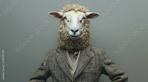 A sheep sitting on a pile of wool gazes at the camera