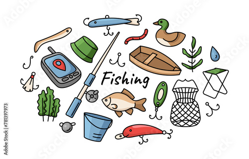 Set of doodle simple elements for fishing. Collection of fishing equipment - rod, bait, cage, boat.