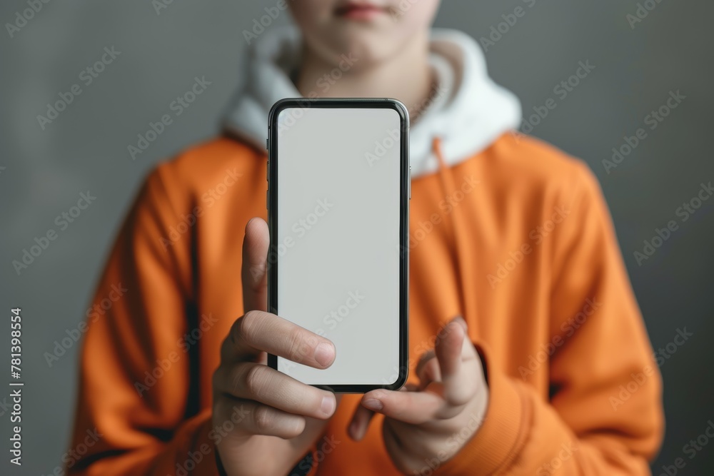 Ui mockup through a shoulder view of a teen boy holding an smartphone with an entirely grey screen