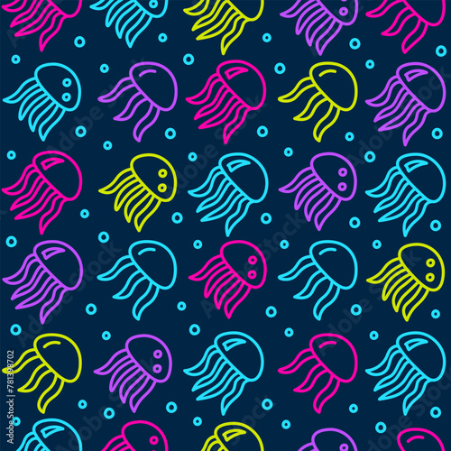 Outline jellyfish swim in the sea in neon colors on a dark background seamless pattern.