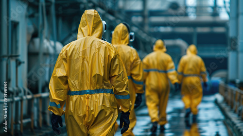 Workers in yellow hazmat suits walking down a hallway