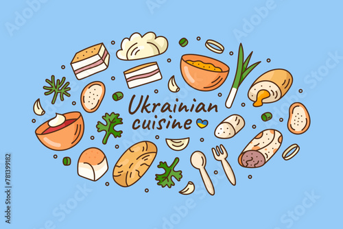 Composition in a circle of dishes of Ukrainian cuisine in doodle style.