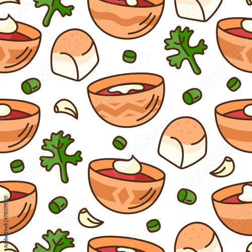 Ukrainian national dish soup borscht with bun and garlic in doodle style on a white background seamless pattern.