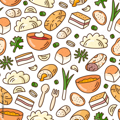 Ukrainian cuisine doodle set seamless pattern on white background.