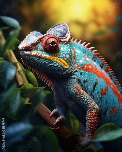 Chameleon, colorful skin, master of disguise, blending seamlessly in a lush jungle setting