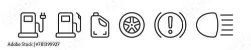 Car service icon. Gas station, fuel canister, engine oil, wheel, information panel, light, handbrake vector. Automobile repair.