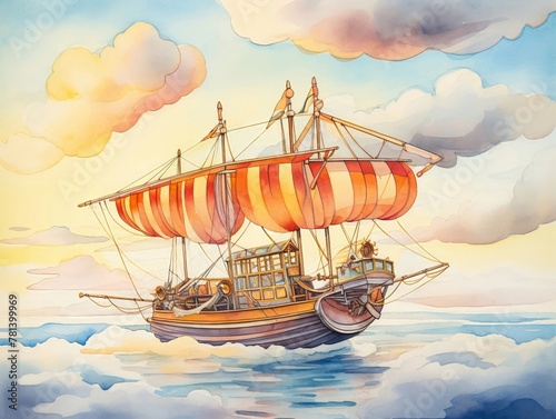 Flying boat above clouds  whimsical watercolor  sunset  side angle