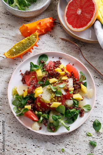 Grapefruit, quinoa, lamb's lettuce and kiwano salad photo