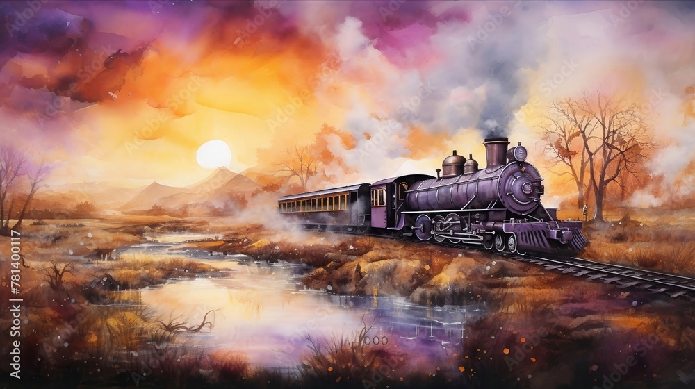 Magical watercolor train, whimsical landscapes, dawn, side view
