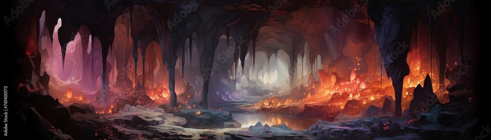 Otherworldly watercolor cave, crystal glow, mysterious, inside view - obrazy, fototapety, plakaty 