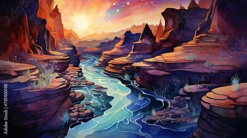 Otherworldly canyon with crystal river, watercolor, dusk, high angle