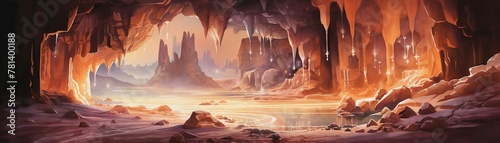 Otherworldly watercolor cave, crystal glow, mysterious, inside view
