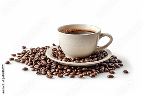A set featuring gourmet coffee, a stylish cup, and coffee beans . photo on white isolated background