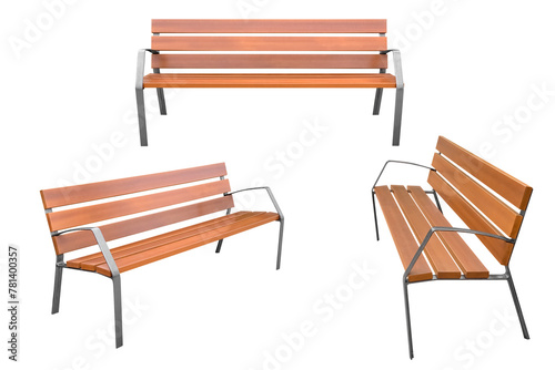 wooden street bench from different angles isolated on white background