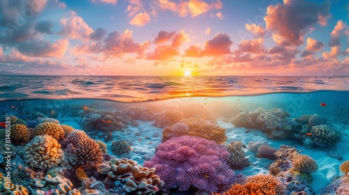 Picture an enchanting summer sunset over a prismatic coral reef casting soothing hues throughout the clear turquoise water © sutanya