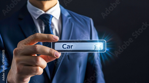 Businessman using internet search bar to find car on black background. Auto purchase and technology concept photo