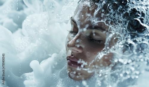 Serene underwater woman surrounded by delicate bubbles
