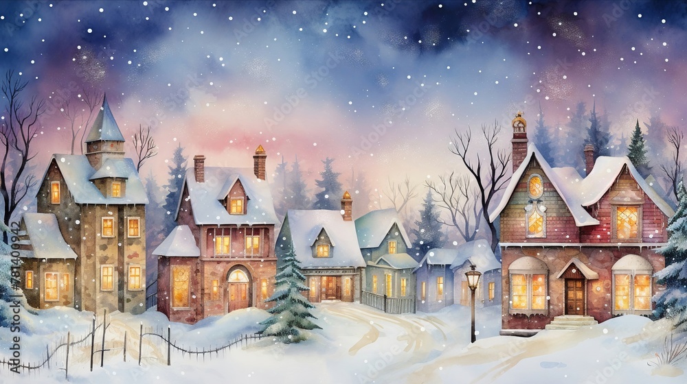 Whimsical watercolor village, snowfall, warm lights, night, high angle