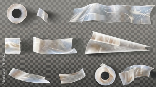Set of realistic adhesive plastic tape isolated on transparent background. Modern illustration of crumpled sticky strip for packaging, fixing damage, wrinkled cellophane strips, and glued repairs. photo
