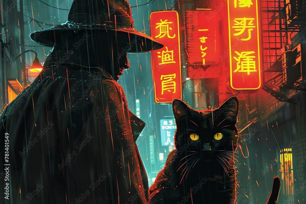 A sleek black cat prowls the rain-soaked streets alongside a trench-coated detective, their eyes reflecting the dim glow of neon signs and the promise of danger.