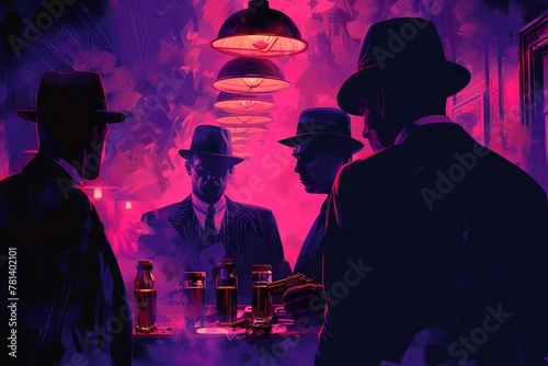 In the smoky haze of a dimly lit speakeasy, a shady deal goes down between rival gangsters, with betrayal lurking in the shadows and danger at every turn. photo