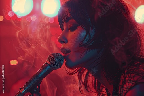 In the smoky haze of a jazz club, a sultry singer croons into the microphone, her voice weaving a spell over the audience as they lose themselves in the music and the dimly lit atmosphere of the club. photo