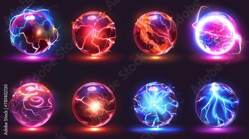 Fantasy globe with luminous plasma. Flashing red and blue electric power balls with neon effect. Realistic modern illustration set of glowing red and blue electric power balls.