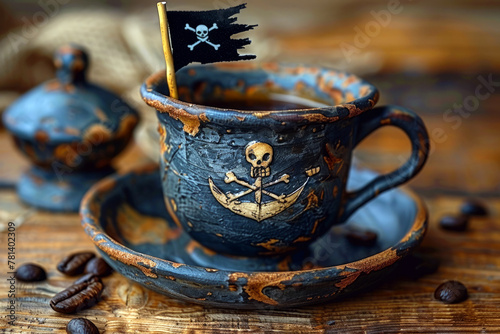 Small Black Pirate Ship in Coffee Cup photo