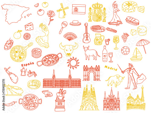 スペインの手書きイラスト(パエリア、アヒージョ、ヨーロッパ、旅行、文化、観光)