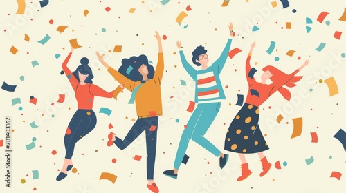 Minimalist party scene illustration featuring joyful characters in a vector art style.