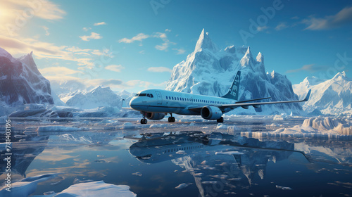 A plane Parked At A Huge Iceberg Dwarfs