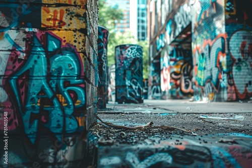 Dynamic photograph of a colorful graffiti wall, Alley painted with bold graffiti, cans lie discarded, urban canvas of creativity, a blurred view into street art's vibrant world. © Thaniya