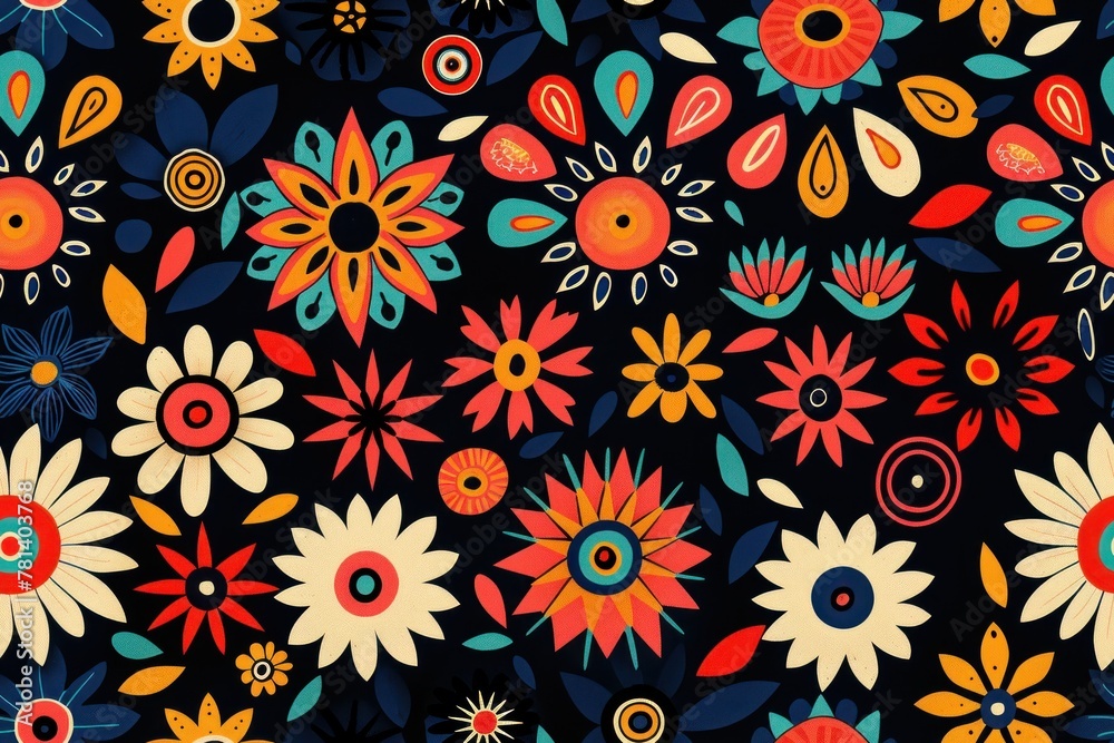 Fototapeta premium A colorful floral pattern is displayed on a black background
