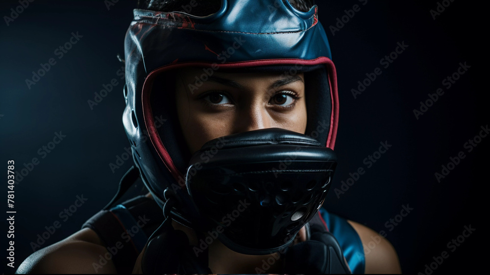 Portrait of female boxer wearing cheek protector on dark background, female athlete conept 