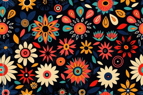 A colorful floral pattern is displayed on a black background
